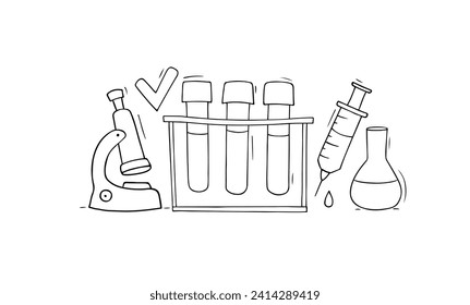 Vector hand drawn medical concept - doctor objects. Cartoon illustration with test tubes, microscope and flask, syringe
