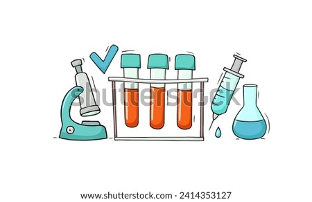 Vector hand drawn medical concept - doctor objects. Cartoon illustration with test tubes, microscope and flask, syringe