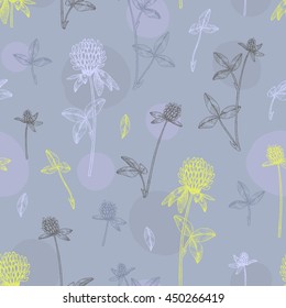 Vector hand drawn medicinal plant clover seamless pattern. Sketch, drawing, illustration of clover flower.