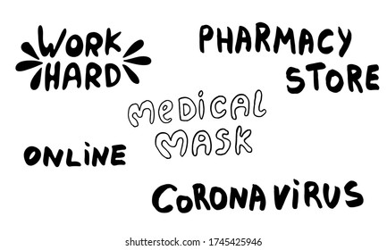 Vector hand drawn medicine illustration. Collection of handwritten lettering pharmacy text