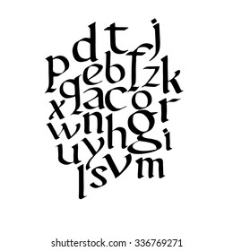 Vector hand drawn medieval alphabet. Old manuscript style letters. Based on foundational font. Full alphabet