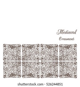 Vector hand drawn Medieval ornamental background with leaves, grapes and copy space