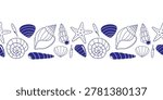 Vector hand drawn mediterranean seashell, starfish seamless border in blue and navy outline. Monochrome doodle marine horizontal pattern divider for summer beach design, nautical header, ocean frame.