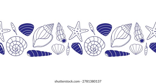 Vector hand drawn mediterranean seashell, starfish seamless border in blue and navy outline. Monochrome doodle marine horizontal pattern divider for summer beach design, nautical header, ocean frame.