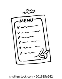 Vector hand drawn menu illustration in doodle style isolated on white background.