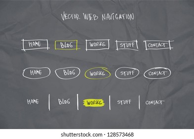 Vector hand drawn menu navigation bars collection over crumpled gray paper