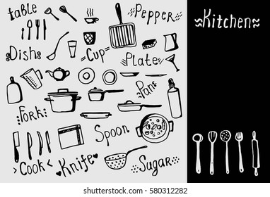 Vector hand drawn menu template kitchen utensils black and white background