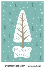 Vector hand drawn Merry Christmas greeting card with cute xmas tree on the background of the pattern with winter elements .