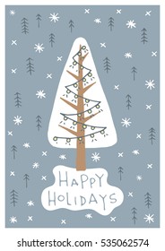 Vector hand drawn Merry Christmas greeting card with cute xmas tree on the background of the pattern with winter elements .