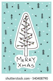 Vector hand drawn Merry Christmas greeting card with cute xmas tree on the background of the pattern with winter elements .