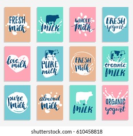 Vector hand drawn milk cards or labels. Logos, signs set for dairy produce. Tags collection for products packaging, cartons, advertising etc.