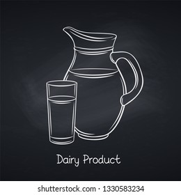 Vector hand drawn milk jug and glass on chalkboard. Illustration of breakfast concept for food design, milk product packaging. Retro style.
