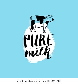 handgezeichnetes Milchlogo oder Etikett. Unterschreiben Sie für Milchprodukte. Markierung und Element für Produktverpackungen, Kartons, Werbung usw.