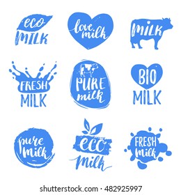 Vector hand drawn milk logos or labels. Signs set for dairy produce. Tags and elements collection for products packaging, cartons, advertising etc.
