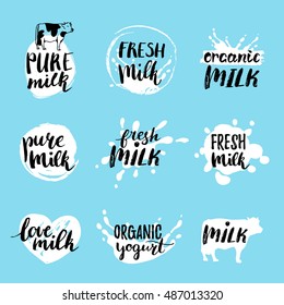 Vector hand drawn milk logos or labels. Signs set for dairy produce. Tags and elements collection for products packaging, cartons, advertising etc.