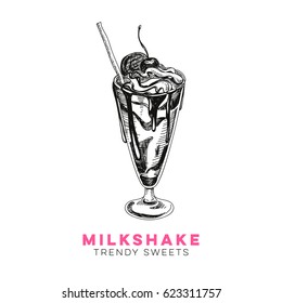 Vector Hand Drawn Milkshake Illustration. Sketch Vintage Style. Design Template. Retro Background. 