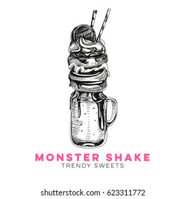 Vector hand drawn milkshake Illustration. Sketch vintage style. Design template. Retro background. 