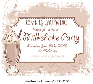 vector hand drawn milkshake party invitation card, vintage frame, glass and leaves.