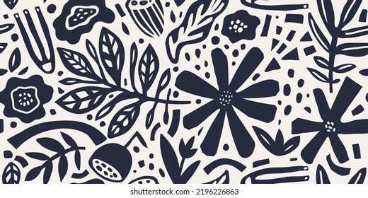 Vector Hand drawn minimal abstract organic shapes seamless pattern, eaves and flowers. Collage contemporary print. Nature cutout artistic background