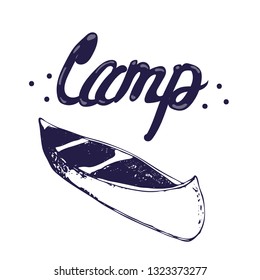 vector hand drawn minimal illustration with sketchy canoe augmented with Camp sign. travel and canoeing themes.