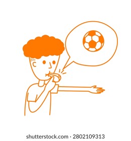 Vector hand drawn in minimal linear style of football referee or coach blew the whistle to warn the player about a foul.