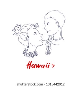 vector hand drawn minimal sketch of a lovely couple with leis on their necks, augmented with Hawaii sign. Save the date theme, romantic image for different purposes. Special for Hawaiian topic