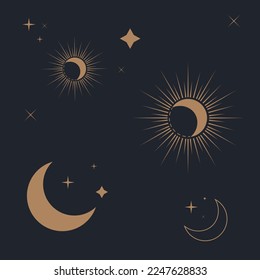 Vector hand drawn minimalis bohemian mystic abstract elements. Fantasy esoteric elements space illustration. Perfect for tatoos and print design