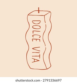 Vector hand drawn minimalist candle illustration with a wavy shape and the Italian text DOLCE VITA. Stylish decorative pillar candle for modern home decor and a touch of European flair