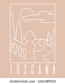 Vector  hand drawn  minimalistic illustration of italian landscape. Creative  artwork with abstract shapes. Template for postcard, poster, banner, print for t-shirt, label,  patch.