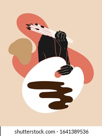 Vector  hand drawn minimalistic  illustration of  girl  isolated. Creative  artwork with abstract shapes. Template for postcard, poster, banner, print for t-shirt, label,  patch.