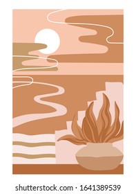 Vector  hand drawn  minimalistic illustration landscape. Creative  artwork with abstract shapes. Template for postcard, poster, banner, print for t-shirt, label,  patch.