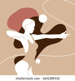 Vector  hand drawn minimalistic  illustration of shooting girl  isolated. Creative  artwork with abstract shapes. Template for postcard, poster, banner, print for t-shirt, label,  patch.