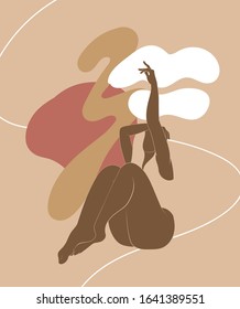 Vector  hand drawn minimalistic  illustration of  girl  isolated. Creative  artwork with abstract shapes. Template for postcard, poster, banner, print for t-shirt, label,  patch.
