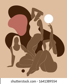 Vector  hand drawn minimalistic  illustration of  girls  isolated. Creative  artwork with abstract shapes. Template for postcard, poster, banner, print for t-shirt, label,  patch.
