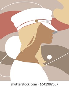 Vector  hand drawn minimalistic  illustration of girl in breton cap. Creative abstract artwork. Template for postcard, poster, banner, print for t-shirt, label,  patch.