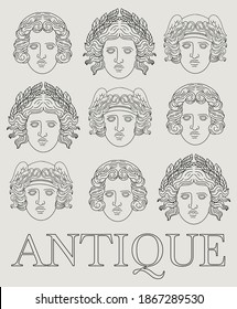 Vector hand drawn minimalistic illustration of antique female heads . Creative artwork. Template for card, poster, banner, print for t-shirt, pin, badge, patch.