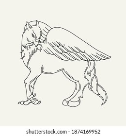 Vector hand drawn minimalistic illustration of hippogriff. Creative artwork. Template for card, poster, banner, print for t-shirt, pin, badge, patch.