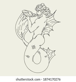 Vector hand drawn minimalistic illustration of triton with shell. Creative artwork. Template for card, poster, banner, print for t-shirt, pin, badge, patch.