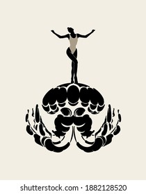 Vector hand drawn minimalistic illustration of girl on medusa . Creative artwork. Template for card, poster, banner, print for t-shirt, pin, badge, patch.