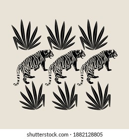 Vector hand drawn minimalistic illustration of tigers with tropical leaves . Creative artwork. Template for card, poster, banner, print for t-shirt, pin, badge, patch.