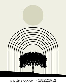 Vector hand drawn minimalistic illustration of tree and arch . Creative artwork. Template for card, poster, banner, print for t-shirt, pin, badge, patch.