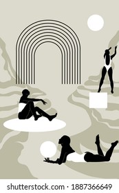 Vector hand drawn minimalistic illustration of view with girls in swimsuit . Creative artwork. Template for card, poster, banner, print for t-shirt, pin, badge, patch.