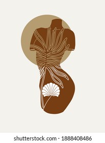 Vector hand drawn minimalistic illustration. Creative artwork with female body and palm leaves. Template for card, poster, banner, print for t-shirt, pin, badge, patch.