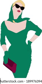 Abstracción, ilustración de una chica con un pañuelo en la cabeza y gafas. Chica en un vestido.
