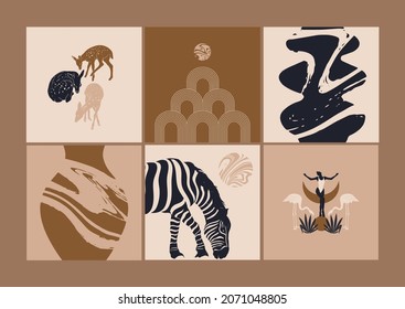 Vector hand drawn minimalistic illustration of zebra, girl, deer . Creative artwork set with geometric elements. Template for card, poster, banner, print for t-shirt, pin, badge, patch. 
