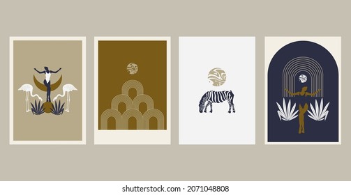 Vector hand drawn minimalistic illustration of zebra,girl, flamingo . Creative artwork set with geometric elements. Template for card, poster, banner, print for t-shirt, pin, badge, patch. 