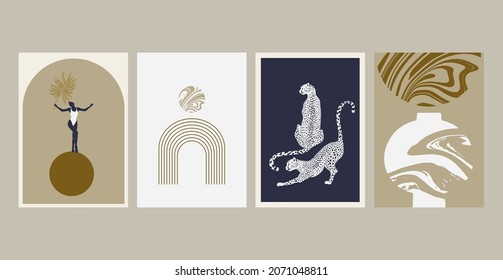 Vector hand drawn minimalistic illustration of cheetah, girl . Creative artwork set with geometric elements. Template for card, poster, banner, print for t-shirt, pin, badge, patch. 