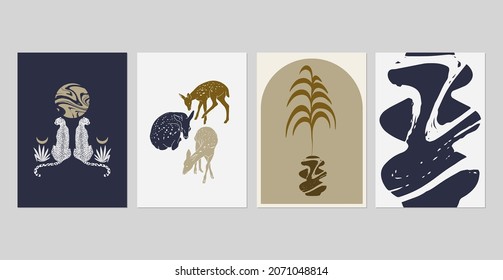Ilustración minimalista de fawns, cheetah dibujada a mano por vectores. Obra de arte creativa con elementos geométricos. Plantilla para tarjeta, afiche, banner, imprimir para camiseta, pin, insignia, parche. 