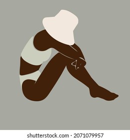 Ilustración minimalista de una chica sentada con las rodillas dibujada a mano. Obra de arte creativa. Plantilla para tarjeta, afiche, banner, imprimir para camiseta, pin, insignia, parche.