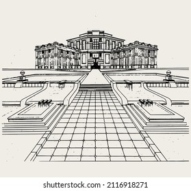 Vector  hand drawn  minimalistic  illustration of historical building with fountains. Creative hand sketched artwork . Template for card, poster, banner, print for t-shirt, pin, badge, patch.